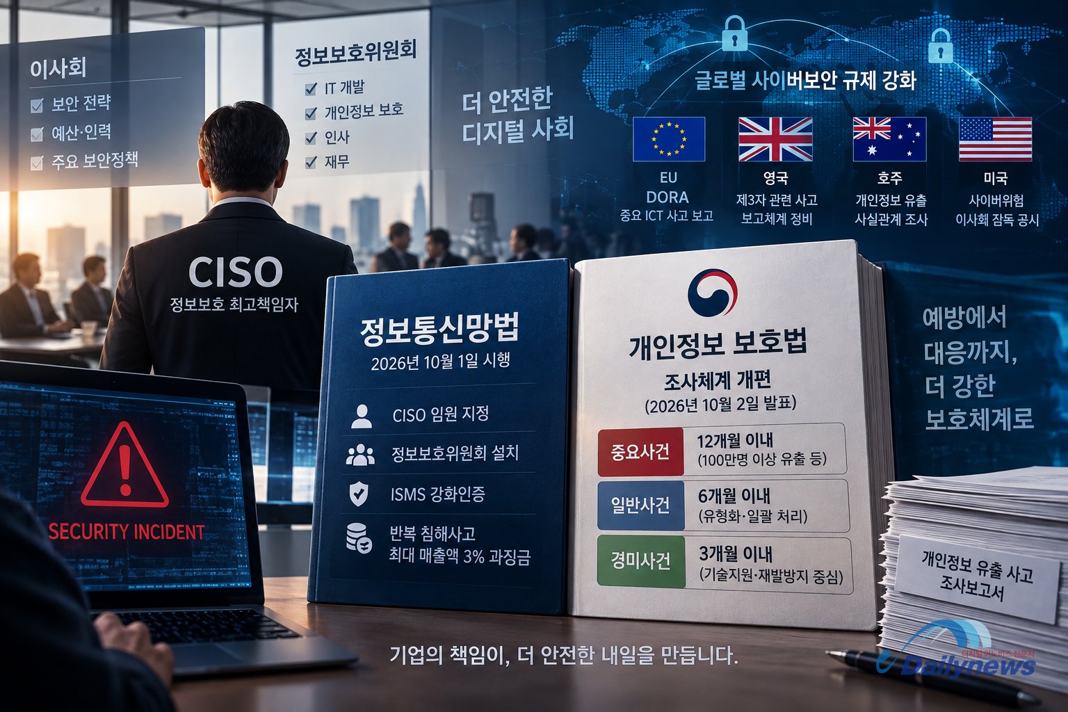 2026년 10월부터 정보통신망법 개정에 따라 CISO 책임과 정보보호위원회, ISMS 강화인증, 반복 침해사고 제재가 강화되고, 개인정보보호위원회도 유출·침해 사건을 중요도에 따라 구분해 조사하는 체계로 개편했다. AI그래픽=데일리뉴스