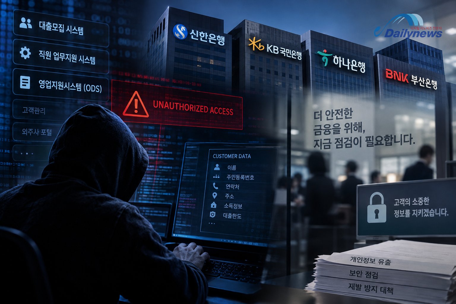 신한·KB국민·하나·BNK부산은행 등에서 개인정보 유출과 외부 침입이 잇따르면서, 인터넷·모바일뱅킹 핵심망 밖의 대출·영업·직원 업무지원 시스템이 새로운 공격면으로 부각되고 있다. AI그래픽=데일리뉴스