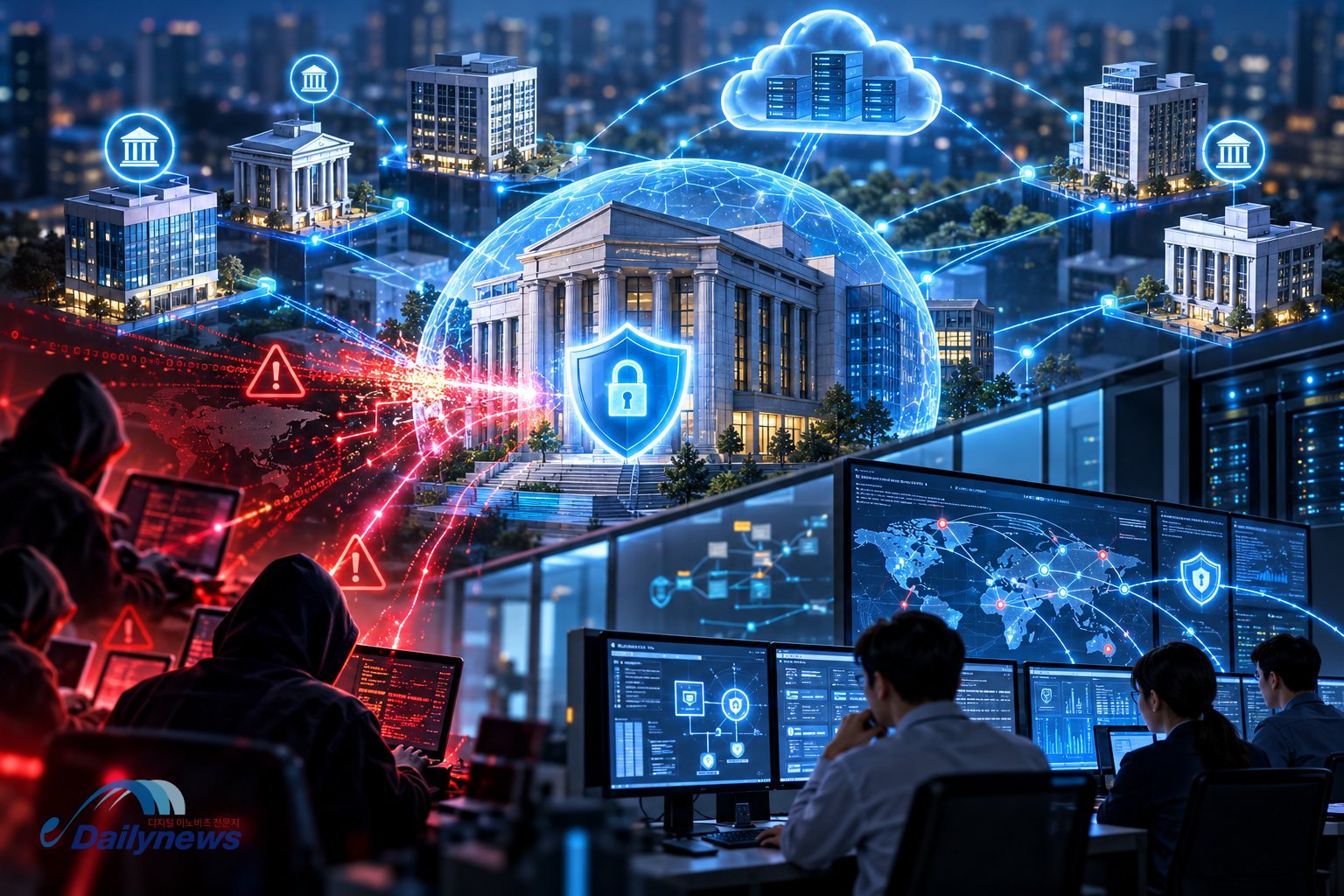 금융권 침해사고에 대응해 금융회사별 보안체계와 공동 위협정보 공유망을 강화하는 모습. 금융당국은 외부 연결 시스템의 취약점 점검과 접근통제, 통합 보안관제체계 개선을 추진하고 있다. AI그래픽=데일리뉴스